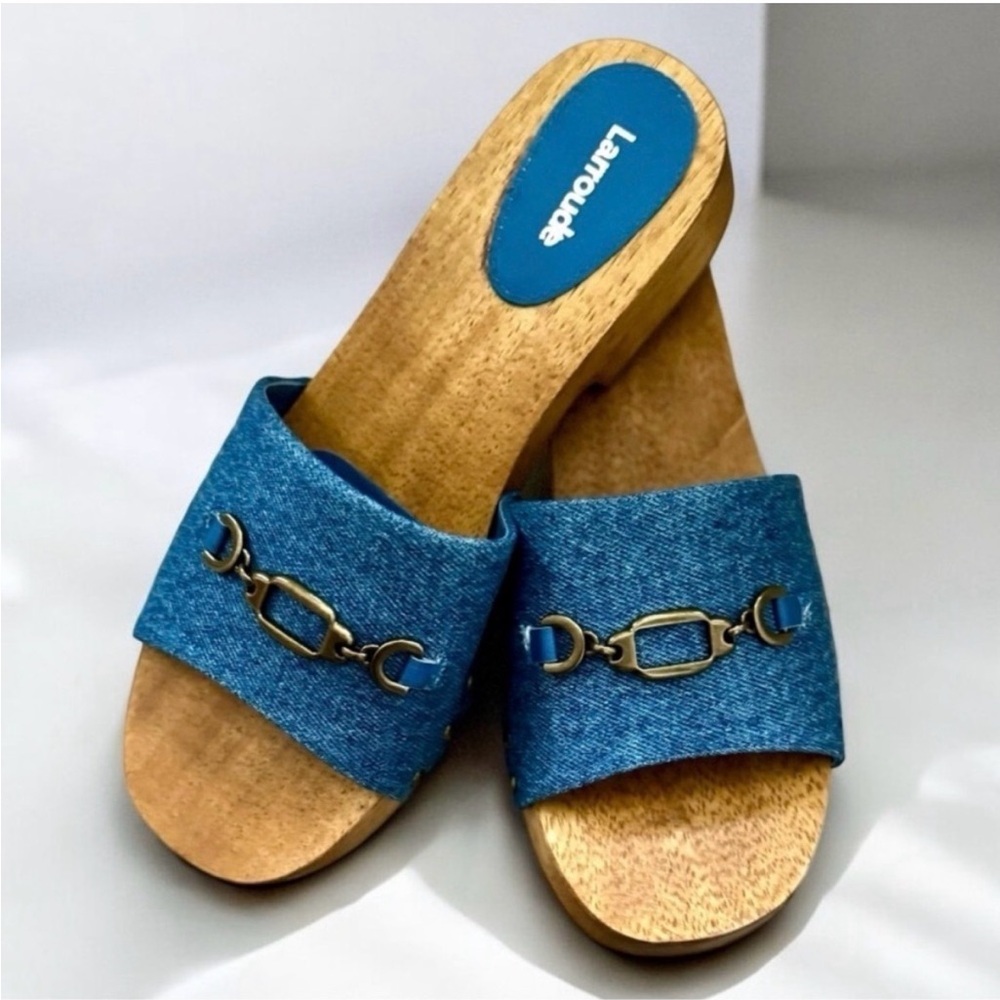 LARROUDE Blue Denim Horsebit Women's Slide Sandals